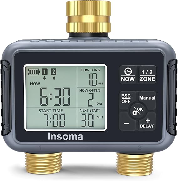 Insoma Water Timer with Brass Inlet & Outlet, 2 Independent Zones Outdoor Hose Timer for Garden Faucet with Auto/Manual/Rain Delay Mode, Sprinkler Irrigation Timers for Yard Lawn
