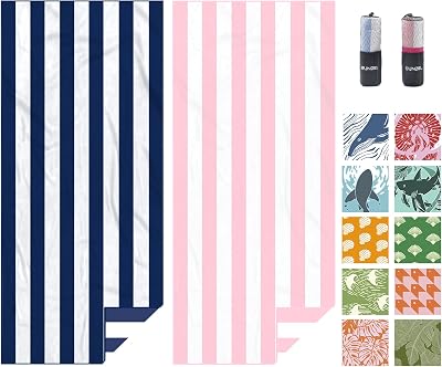 Eunzel 2 Pack Microfiber Beach Towel, Quick Dry Travel Towel Large Sand Free Towel for Beach, Camping, Swim Pool, Gym, Sports& Yoga 71x32, Stripe Navy & Pink
