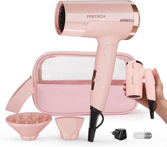 PRITECH 1250W Dual Voltage Travel Hair Dryer with Diffuser,Foldable | Pink Blow Dryer with Concentrator,110V/220V Worldwide Use,Mini Compact Lightweight Pocket Design, EU Plug Included