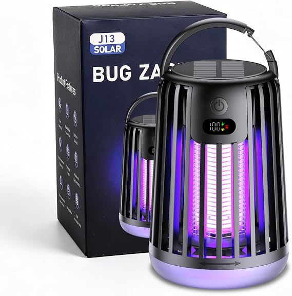 Solar Bug Zapper Outdoor & Indoor,2000V High-Voltage Mosquito Killer with Digital Display,Portable LED Fly Trap & Ambient Light,Solar/USB Rechargeable Insect Zapper for Patio,Camping,Backyard