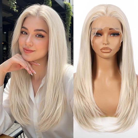 Allbell 13x6 Highligh Light Blonde Lace Front Wig for Women 22 Inch Long Straight Layered Wig,Glueless Synthetic HD Lace Wigs for Daily Party Use