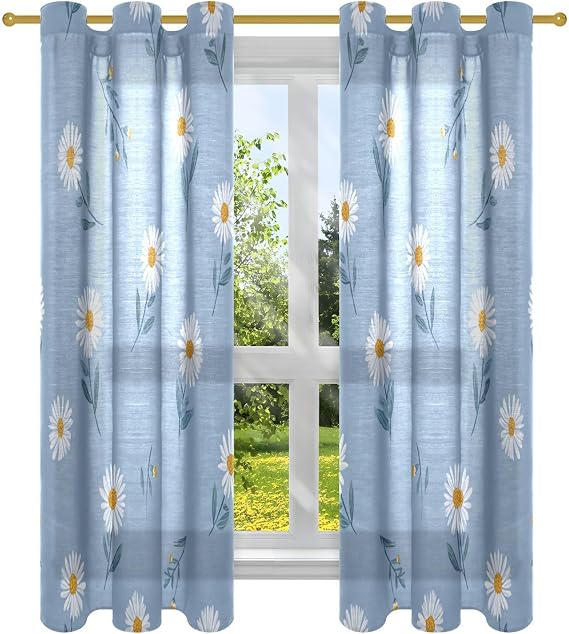 White Daisy Flower Pastel Blue Bay Window Curtains Kitchen Curtains 63 Inch Length 2 Panel Sets cortinas para cuartos Contra el sol 63x52