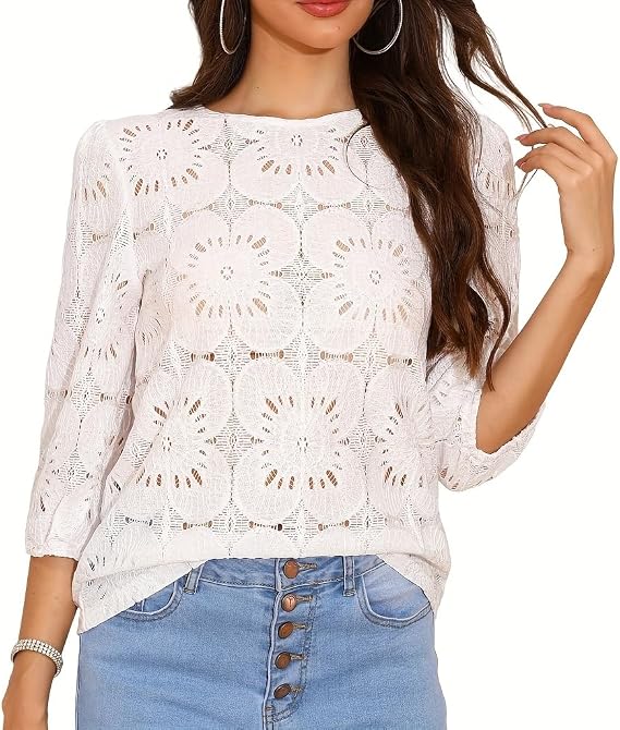 Boho Eyelet Lace Crochet Tops for Women Dressy Casual Summer Fall Fashion Lightweight Tops&Blouses