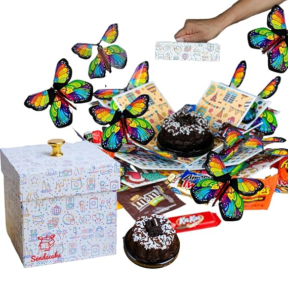 Birthday Explosion Cake Box by Send a Cake Ready-to-Gift Surprise with Customizable Add-Ons, Flying Butterfly Surprise, Candy & 3" Mini Bundt Cake Unique Birthday Gift for Women, Men, Mom, Dad, Friends, Kids, Adults
