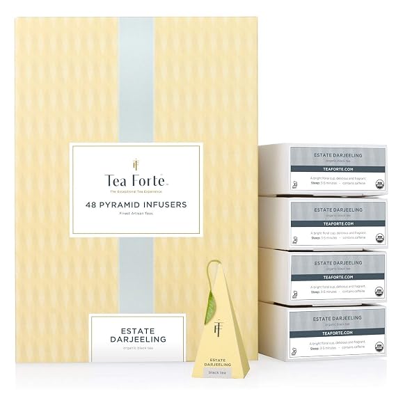 Tea Forte Estate Darjeeling Black Tea Event Box, Bulk Pack of 48 Pyramid Infuser Tea Sachets for All Occasions