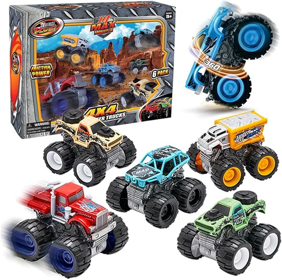 6 Pack Monster Trucks Toys for Boys and Girls, 4-Wheel Drive Friction Powered Push and Go Toy Cars with Giant Wheels, 360 Crazy Stunts, Age 3, 4-7 and Above Boy Birthday Gifts