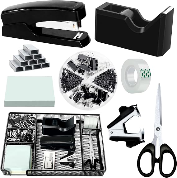 Black Desk Organizer Set, Office Supplies with Stapler and Tape Dispenser