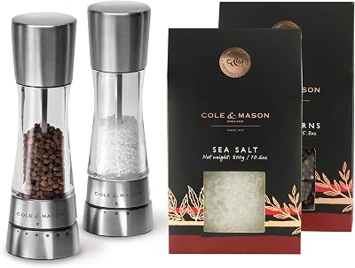 Cole & Mason Derwent Salt & Pepper Mill Grinder Set - Adjustable Grind Settings - Sea Salt & Black Peppercorn for Easy Refill - Stainless Steel