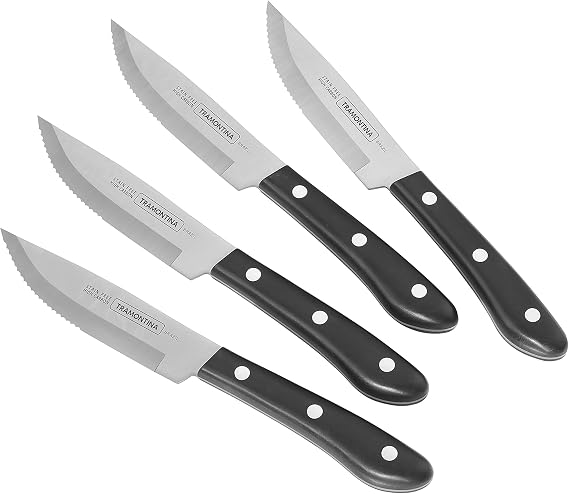 Tramontina Porterhouse 4-Piece Steak Knives, 5-Inch Stainless Steel High-Carbon Serrated Blade Kitchen Knife Set with Hardwood Block, Full-Tang, Dishwasher-Safe