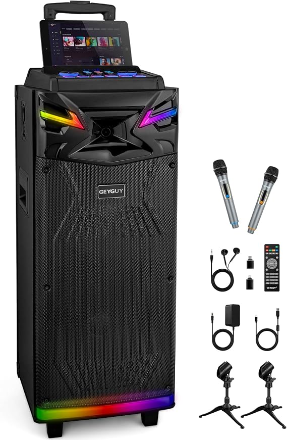GTSK2101 DSP Karaoke Machine for Adults, Portable PA Bluetooth Speaker with Dual Wireless Mics, USB Audio Interface for Live Streaming, Real-Time Monitoring, LED Lights for Home, Party & Outdoors