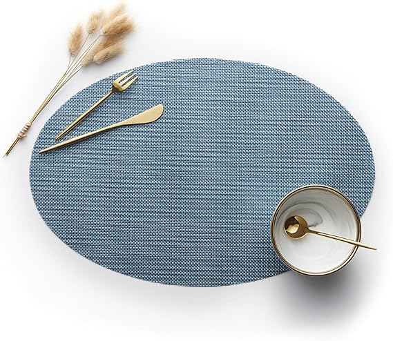 Table Placemats Set of 6, Blue Tablemats 18 x 12 inch Solid Color Woven Oval Kitchen Place Mats
