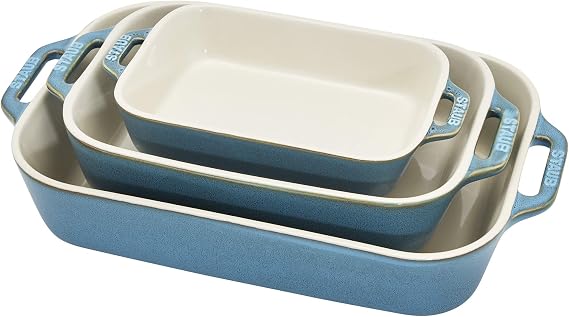 Staub 3-Pc Ceramic Baking Dish Set, Oven Safe Up To 570F, Turquoise | Oven-to-Table for Lasagnas, Roasts & Apple Crisp. Dishwasher Safe Includes Baking Dish 7.5 x 6", 10.5 x 7.5" & 13 x 9"