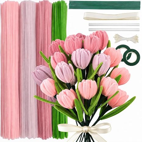 Pipe Cleaners Craft Kit - 400 Pcs Chenille Stems for DIY Flower Making, Pipe Cleaner Flowers Bouquet Kit