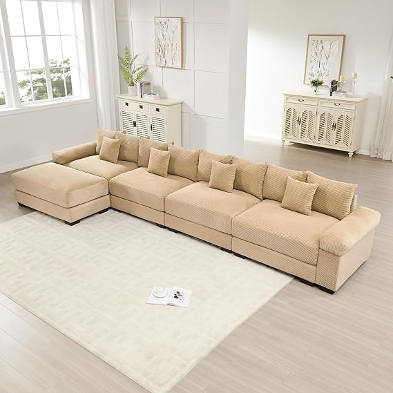Oversized Cloud Modular L-Shape Sectional Couch Camel Corduroy Extra-Wide Armrests Cozy Living