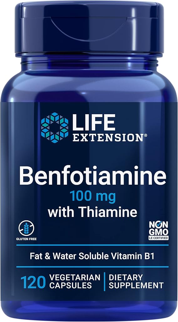 Life Extension Benfotiamine with Thiamine, 100 mg benfotiamine, Cardiovascular Health, Brain Health, Non-GMO, Gluten-Free, 120 Vegetarian Capsules