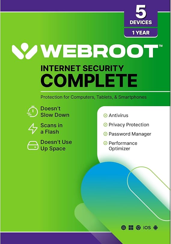 Webroot Internet Security Complete | Antivirus Software 2026 | 5 Device | 1 Year Keycard for PC/Mac/Chromebook/Android/IOS + Password Manager, Performance Optimizer and Cloud Backup | Packaged Version