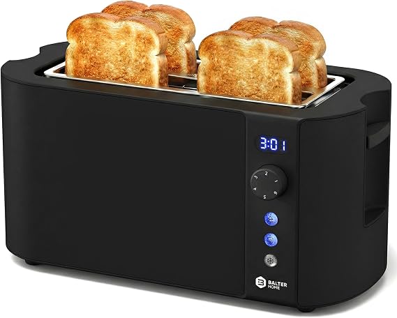 Balter Toaster 4 Slice wide slots, Long Slot, Stainless Steel, Built-in Rack, Extra wide slots for Thick Breads & Bagel, Timer, BPA-Free, Removable Tray, Black
