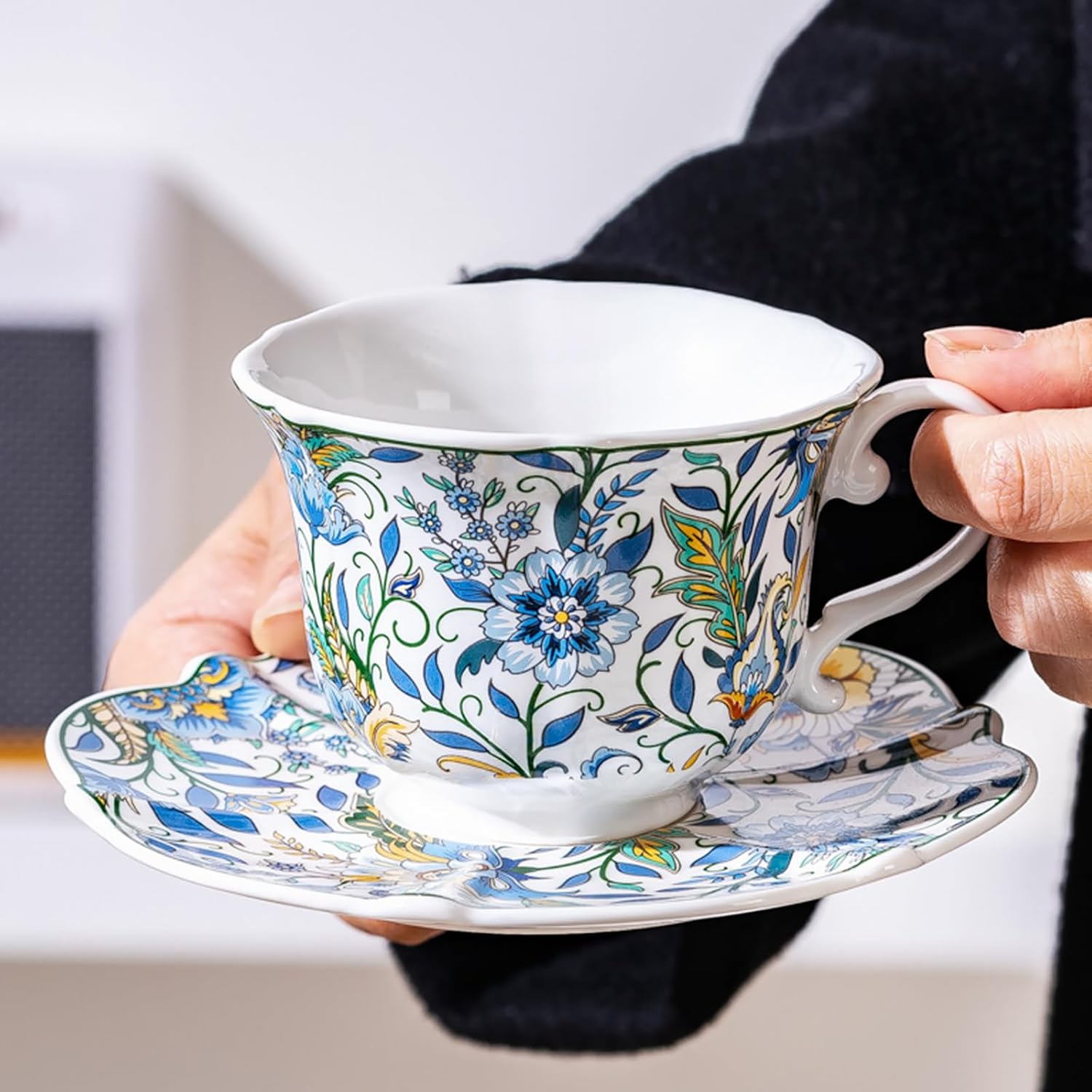 S-MAN Ceramic teacups and Saucers with Blue Vintage Flower Pattern,8.45 oz260ml Party Coffee Mug Set & Tea Cups Colorful Flowers