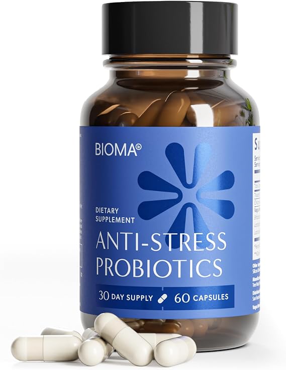 BIOMA Anti-Stress Probiotics 3-in-1 Gut-Brain Axis Support for Stress Relief & Mood Prebiotics, Postbiotics & Clinically Studied Strains Vagus Nerve, Serotonin & Digestive Support 60 Capsules