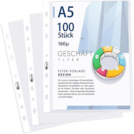 Pack of 100 Clear Document Wallets DIN A5 Extra Strong 160µ Polypropylene Plastic Document Wallets for Protection of Paper Files and Documents