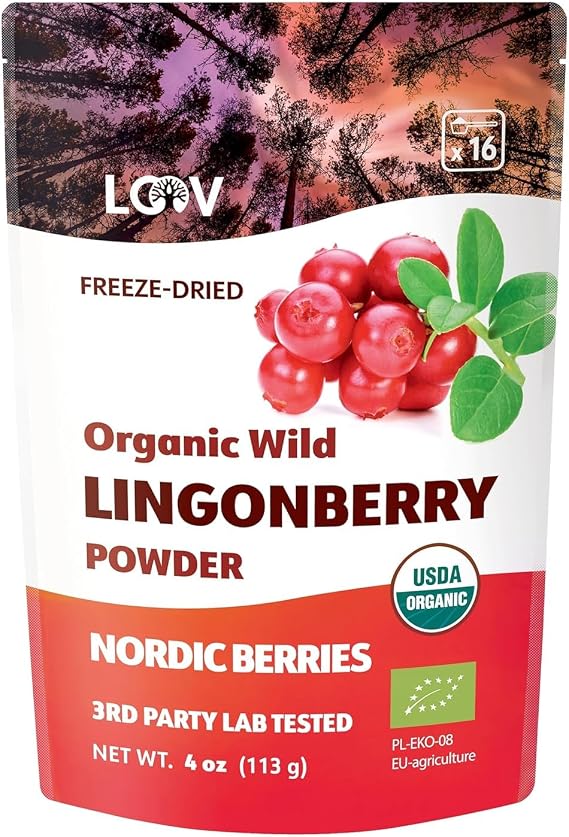 LOOV Organic Wild Lingonberry Powder, Made from 100% Whole Organic Freeze Dried Lingonberries, Wild-Crafted from Northern European Forests, 113 g, No Added Sugar