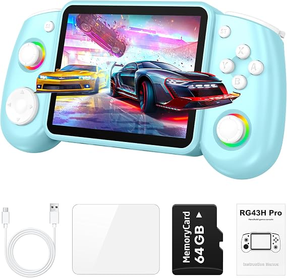 RG43H Pro Retro Handheld Game Console, 4.3 Inch Retro Gaming Console with 4000mAh Battery, RK3562 Opensource Hand Held Games Console, EmuELEC&RGBOX Dual Systems Video Console, HDMI TV Output,Baby Blue