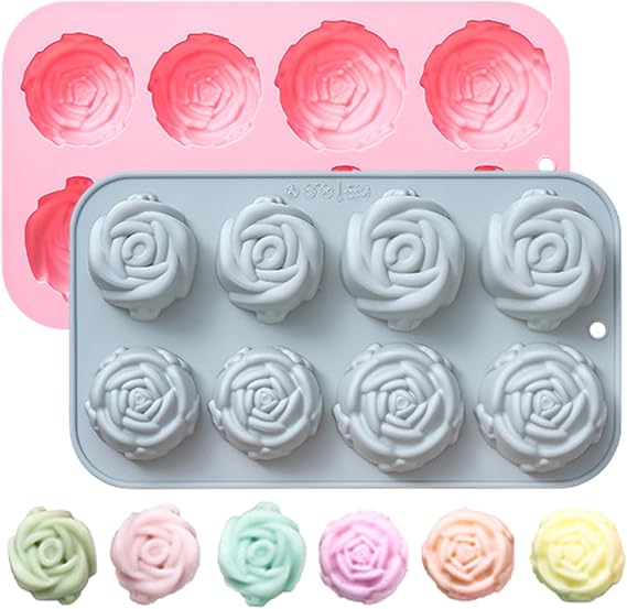 2 Pcs Rose Silicone Fondant Molds 8 Cavity Flower Cake Resin Mold Candy Chocolate Ice Cube Fondant Molds Kitchen Baking Tools, Multi-Function 3D Rose Flower Mold for Sugarcraft Cake Decorating