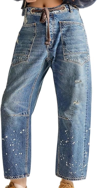 Mewunan Womens Pull-On Barrel Jeans Mid-Low Rise Boyfriend Drawstring Ankle Baggy Elastic Waist Stretchy Boho Denim Pants