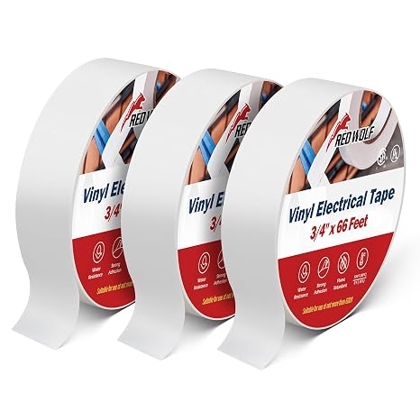 RED WOLF White Electrical Tape 3/4 in x 66ft 3 Pack, Industrial Grade UL/CSA Listed 7 Mil Thick Flame Retardant High Temp Waterproof Electrical PVC Tape Electric Super Vinyl Rated 600V
