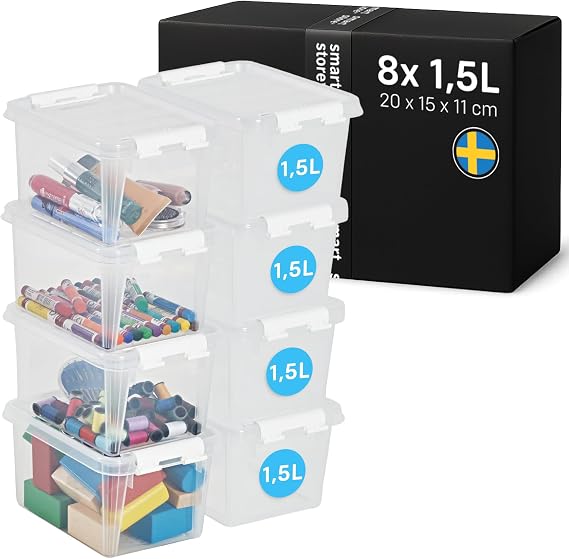 SmartStore - 8x Plastic Storage Box with Lid Classic 1.5L (20x15x11cm) |Storage Drawers|Food-Safe Material|Kitchen & Organisation|BPA-Free|Durable Container for Home & Office|