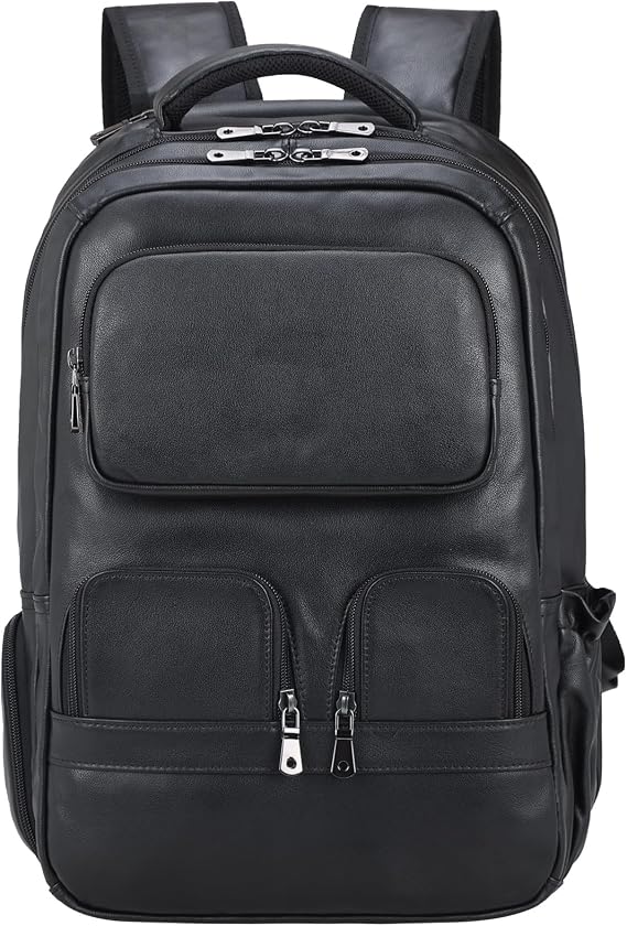 Masa Kawa Genuine Leather 17" Laptop Business Travel Backpack Men, Black | Cowhide Overnight Weekender Trip Carry-On Computer Daypack Bag