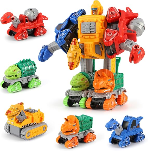 Dinosaur Toys for 3 4 5 6 Year Old Boys 5-in-1 Detachable Construction Vehicles SetTransform Robot Kids Toys Cars Easy DIY Toys for Ages 5+ Gifts for Boys Girls Birthday Christmas Easter