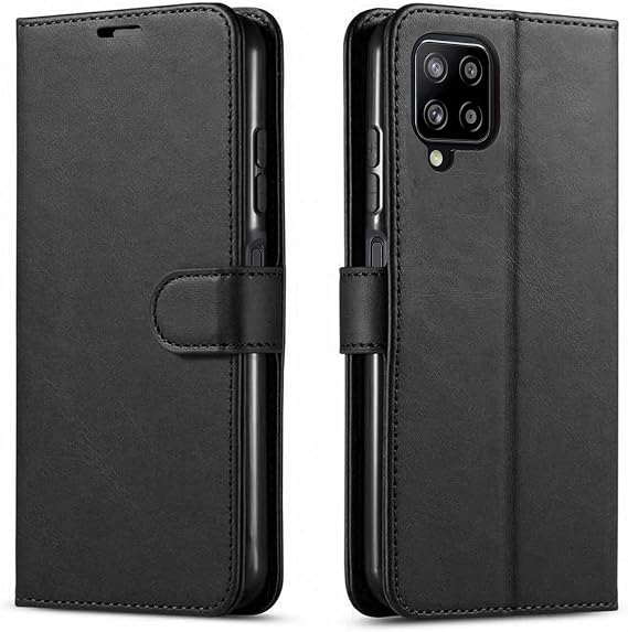 STARSHOP Compatible with Samsung Galaxy A12 Phone Case, [Not Fit A21] with [Tempered Glass Protector Included]- Leather Wallet Cover with Pockets and Credit Card Kickstand - Dark