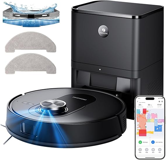 Proscenic Q8 Max Robot Vacuum Mop with Self-Empty Station, 6000Pa 200Min Robotic Vacuum with Lidar Navigation, 5 Real-Time Mapping, WiFi/Alexa/APP Remote Control Robot Hoover for Floor Carpet Pet Hair