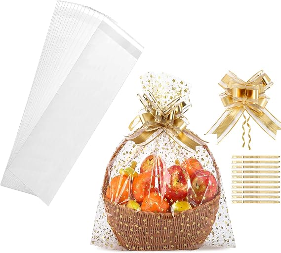 200 pcs 4x10 in Long Resealable Cello Bags and 10Pcs Gold Star Large Cellophane Basket Bags