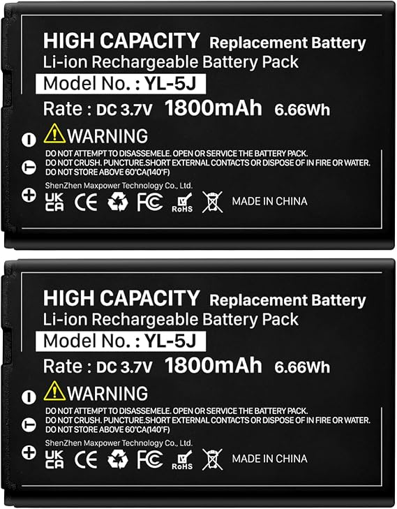 YL-5J Battery, 1800mAh High Capacity Battery Replacement for Yealink W56HB W59R W56h/p W59VR W76p W60P W77P W79P W56-BATT One Talk IP DECT 3.7V, 2-Pack