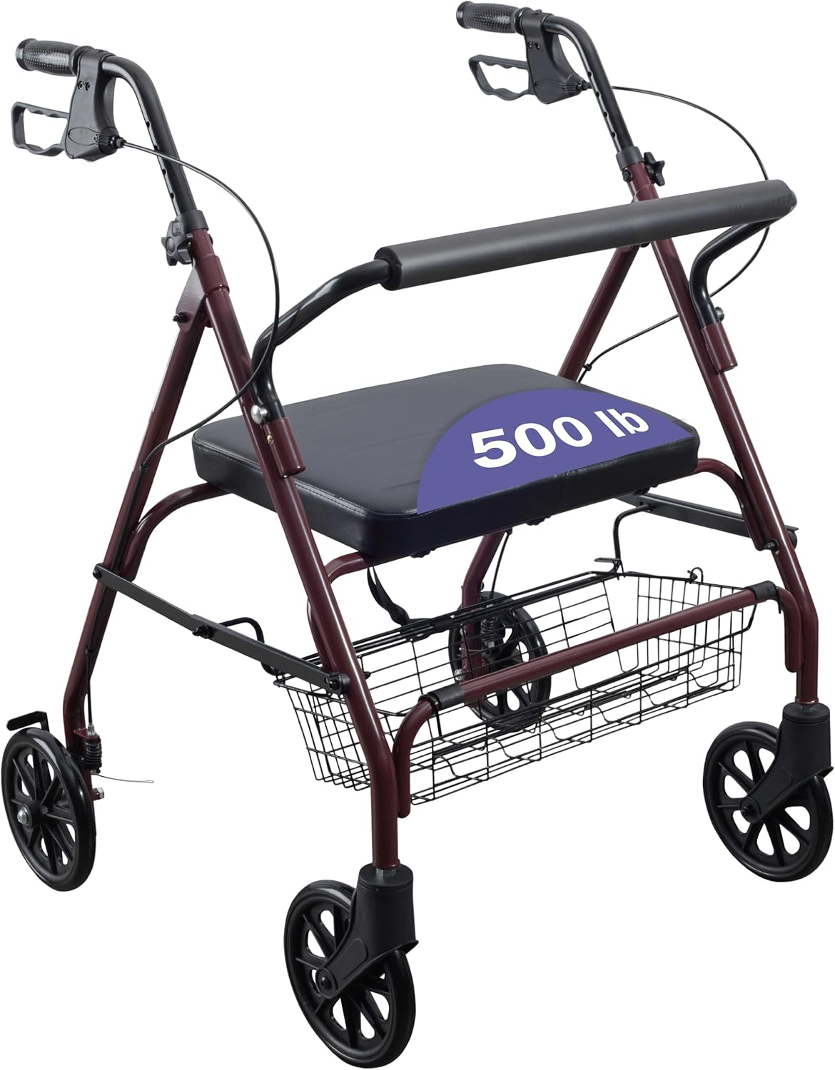 Bariatric Steel Rollator Walker with Seat – Height Adjustable Walkers for Seniors with 8 inch Wheels, Hand Grips, and Padded Seat – 300 lb Weight Capacity