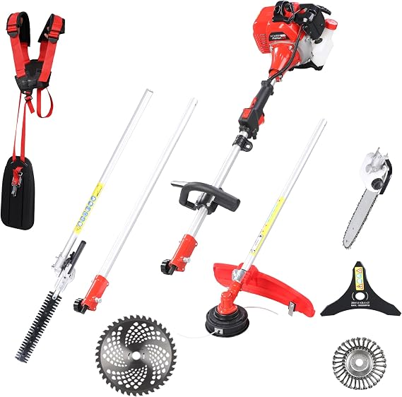 33CC Gas String Trimmer Brush Cutter 2 Cycle Multifunctional Pole Saw Hedge Trimmer Attachments EPA Compliant Aircooled Shoulder Strap Lawn Garden Tool