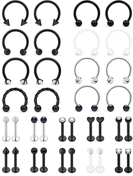 SCERRING 16g Lip Rings Stainless Steel Horseshoe Labret Monroe Lip Rings Nail Tragus Helix Earrings Studs Ring Medusa Piercing Jewelry 8mm 36PCS