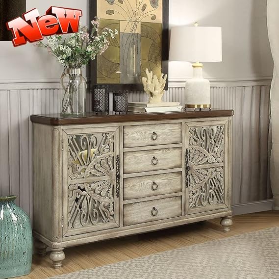 Upgrade Thicken Solid Wood Sideboard Buffet with Storage, Elegant 60 inch Console Table with 2 Cabinet, 4 Drawers, Mirror Glass Door and Shelves, Fully Assembled Buffet Sideboard Side Table