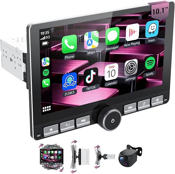 Haudio 10.1" 360 Rotatable Touchscreen Car Stereo with Wireless CarPlay & Android Auto, Features GPS Navigation, DSP Hi-Fi Sound, Voice Control, Backup Camera,1080P Support & APK Management