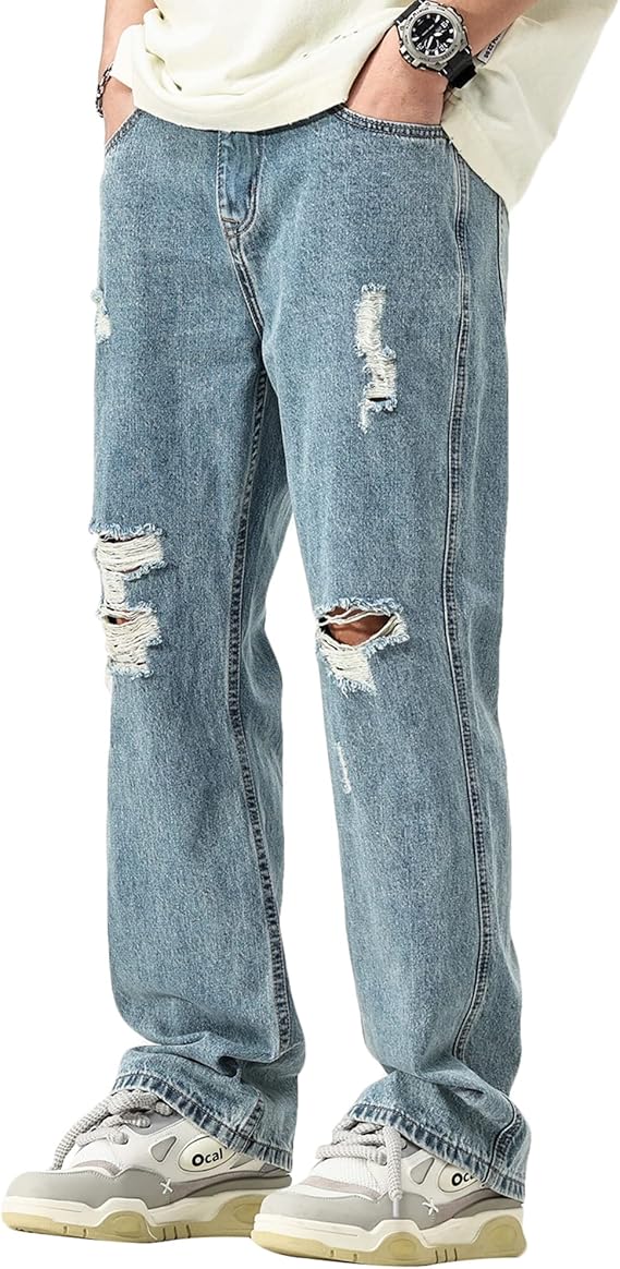 Mens Baggy Jeans Distressed Bootcut Ripped Jeans Relaxed Fit Denim Pants
