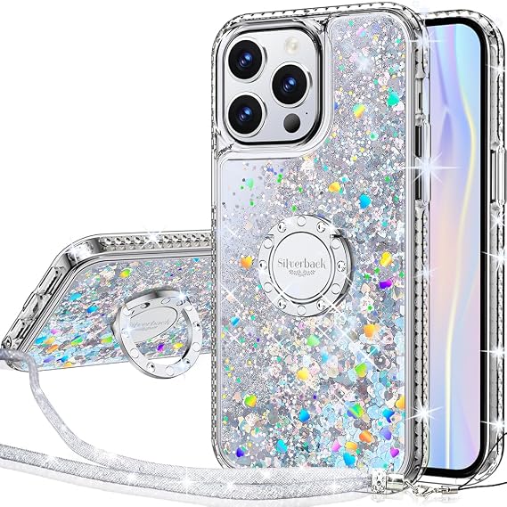 Silverback for iPhone 14 Pro Max Case with Ring Stand, Clear Silver