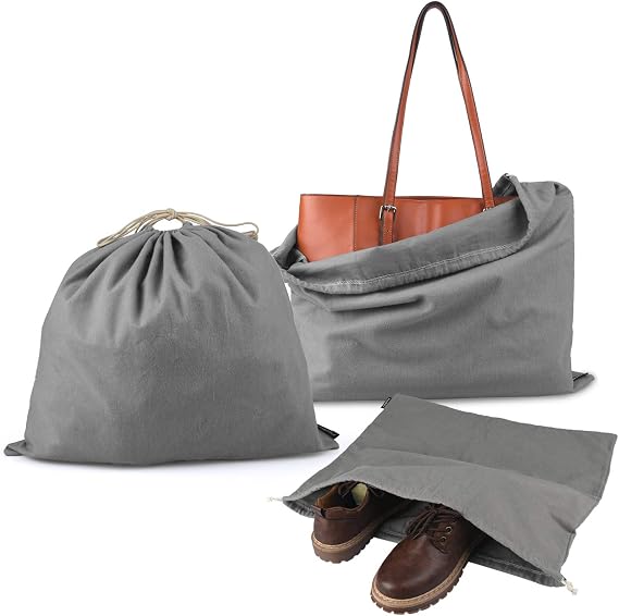 PlasMaller Dust Cover Storage Bags Purified 100% Cotton Flannel with Drawstring Pouch For Handbags Purses Pocketbooks Shoes Boots Set of 3 (Grey)