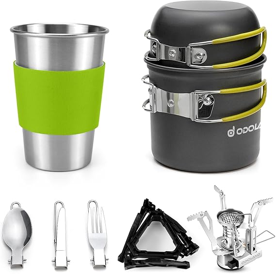 Odoland Camping Cookware Stove Set with 1.2L/0.6L Pots and Protable Stove