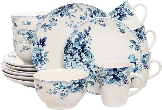 Elama Traditional Blue Rose 16 Piece Dinnerware Set