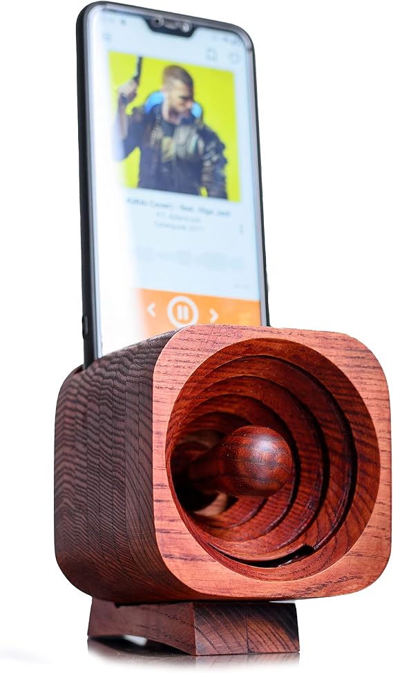 Passive Wooden Phone Speaker Amplifier Made from Red Toned Ash Wood Handmade Smartphone Stand - Compatible with iPhone and Android - Phone Docking Station