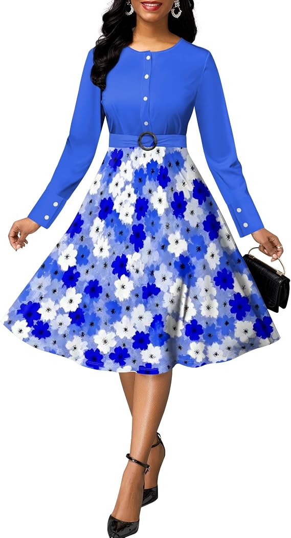 Long Sleeve Empire Waist Midi Dresses Elegant Button Down Crew Neck A Line Swing Dress for Women Business Sundress