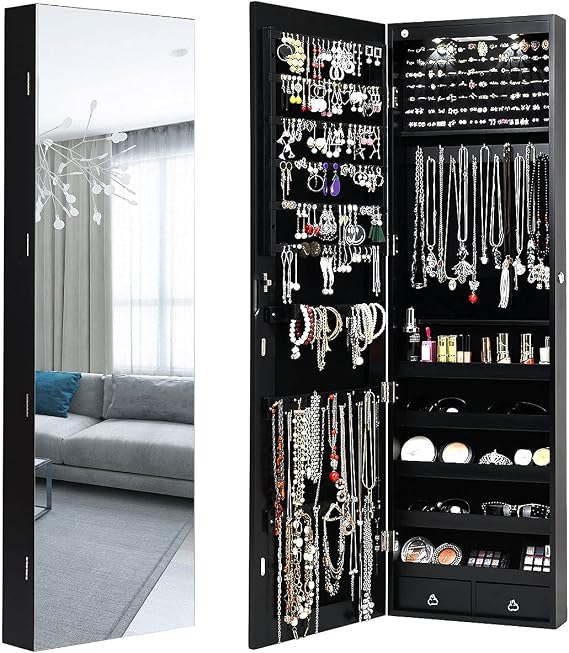 MAT EXPERT Jewelry Armoire, Wall Door Mounted Hanging Jewelry Organizer w/Full-length Mirror, 2 LED Lights and 2 Drawers, Lockable Large Storage Mirror Jewelry Cabinet for Bedroom (Black)