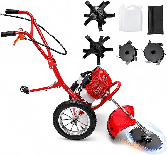 49CC Gas Walk Behind Brush Cutter 2-Stroke Push Brush Cutter with Single-Cylinder Air-Cooled System 7000 RPM High Speed Brush Mower Machine, 2-in-1 Cutting & Cultivating, for Yard Garden